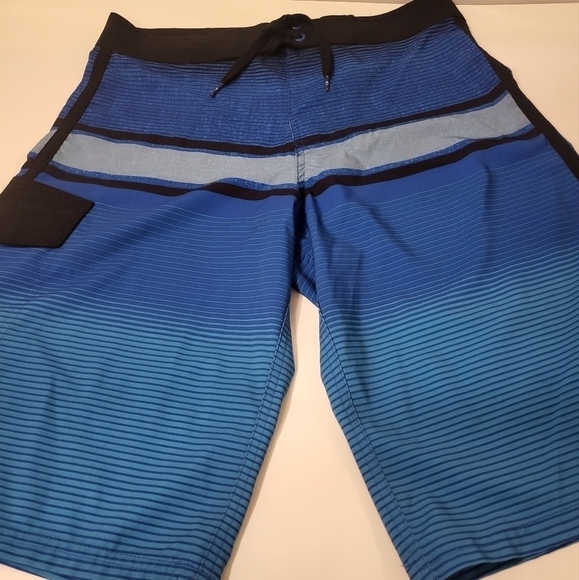 OP Plex 4 Way Strech , Men's Swim Trunks, Blue/Black/ Stripes Design Size30 - Picture 9 of 9